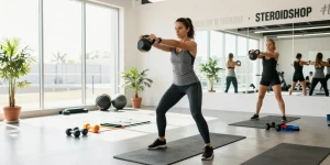 Sportliche Frau, die in einem Fitnessstudio trainiert, während sie nach Produkten von Steroidshop sucht.