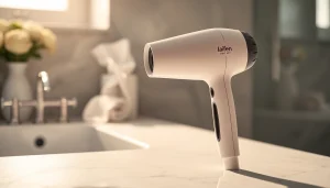Der laifen swift Haartrockner auf einem modernen Badetisch, ideal für stilvolles Styling.