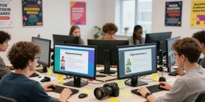 Quiz Allgemeinwissen in einer lebhaften Online-Lernumgebung mit jungen Erwachsenen, die Fragen zu Allgemeinwissen durchstöbern.