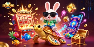 rr88sn showcases winning moments in an exciting casino scene with a lucky rabbit and golden sea turtle.