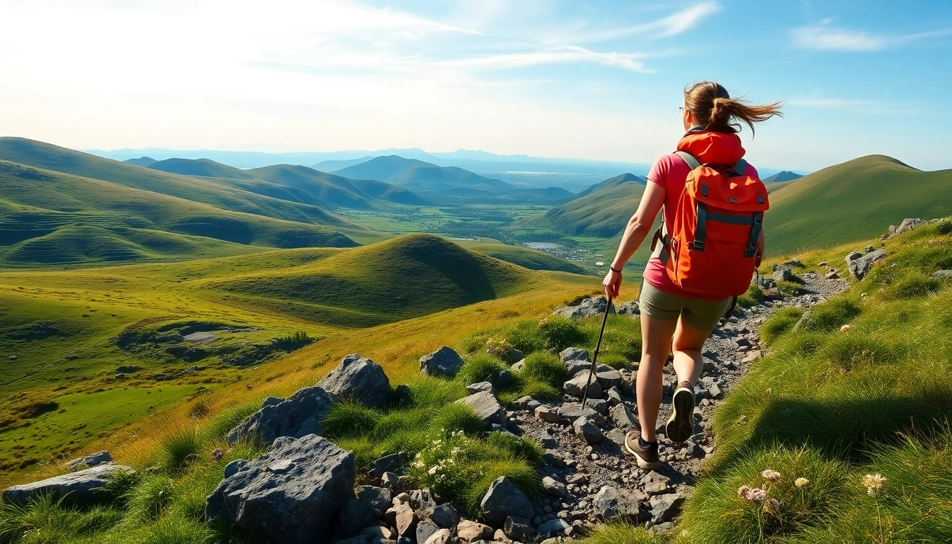 Wandern Irland Urlaub mit einem Wanderer auf einem Pfad in der grünen Irischen Landschaft. related image