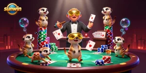 Sunwin meerkats running a vibrant casino, highlighting poker action and dynamic elements.